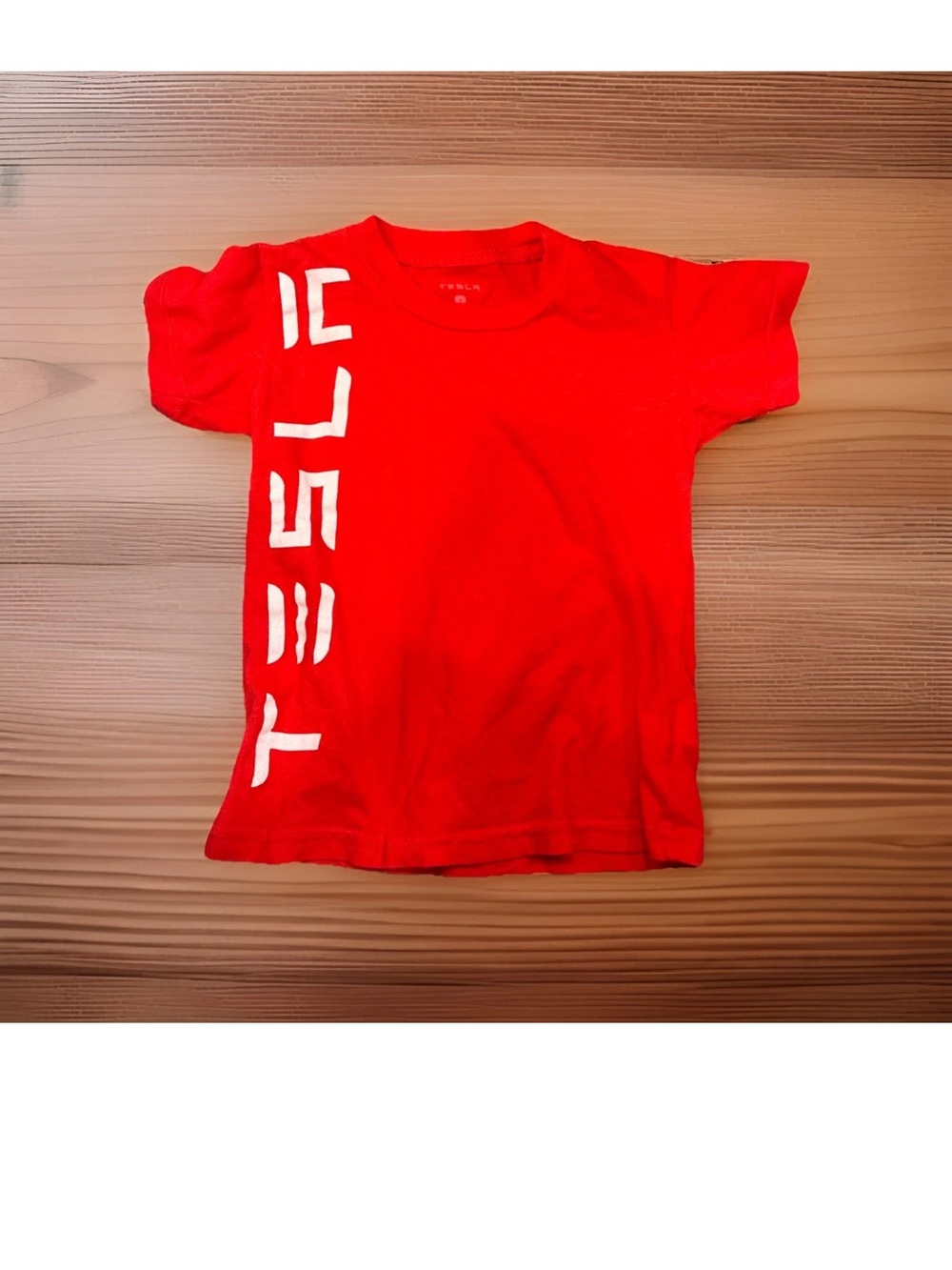 Tesla Red Kids Tee with White Vertical Logo